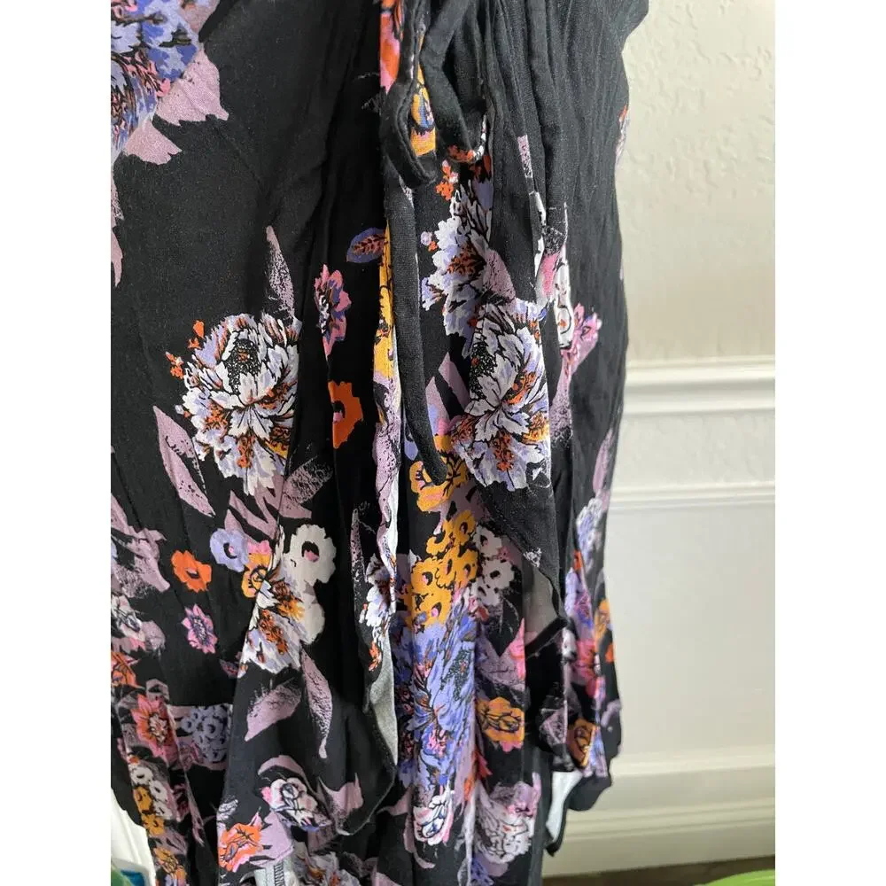 Free People Happy Heart Floral Mini Dress Black Smocked Tie Front Small